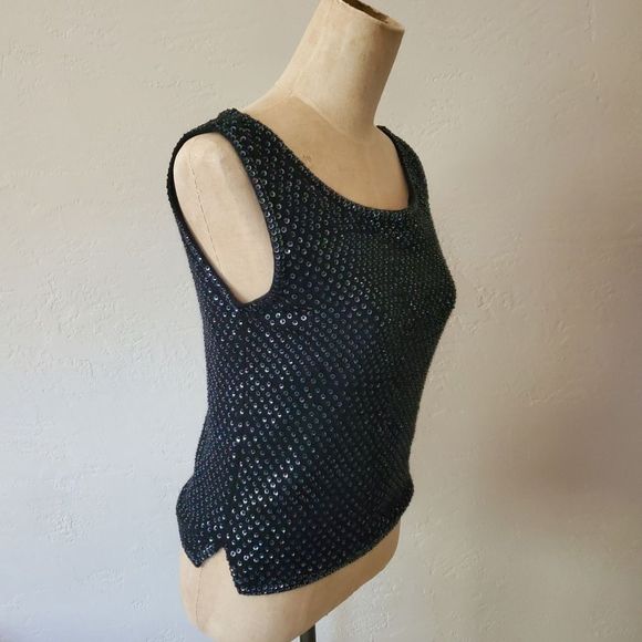 Vintage GLAM  1960s black sleeveless sequin top - Picture 2 of 6